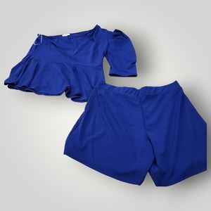 Verxy Women's PLUS 3X 2 Piece Set Royal Blue One Shoulder Blouse & Shorts